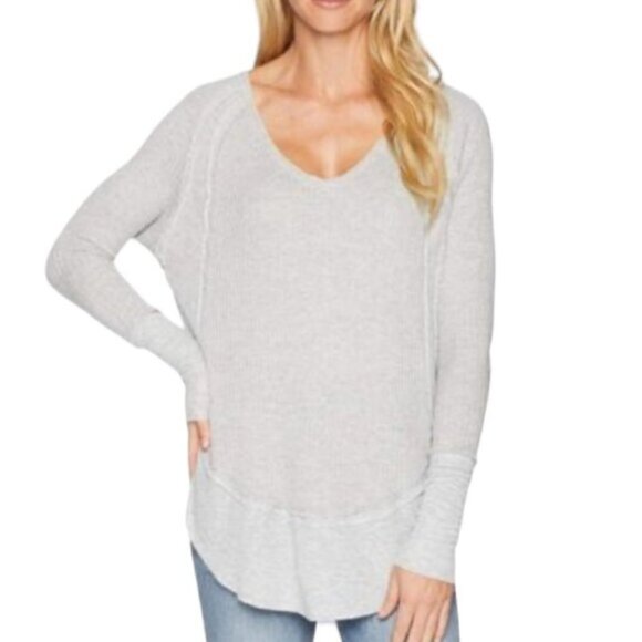 FREE People Catalina Thermal Long Sleeve Shirt V-Neck Pullover Gray XS - Picture 1 of 6